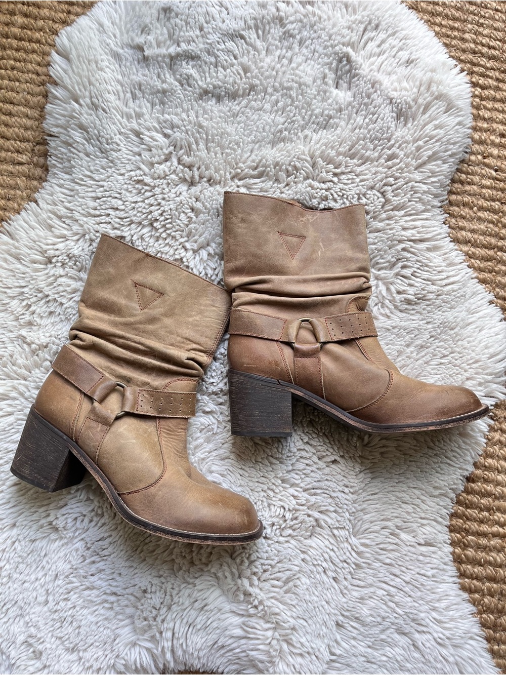 Women's Slouchy Buckle Mid-Heel Ankle Boots in Tan